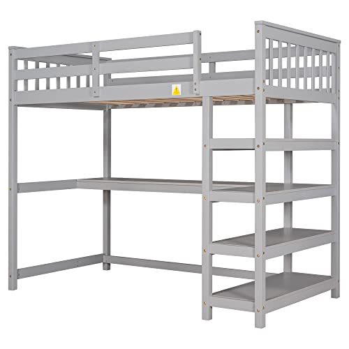 Harper & Bright Designs Full Loft Bed with Desk and Wardrobe,Solid Wood Loft Bed Frame Full with Storage Drawers for Kids Teens Adults