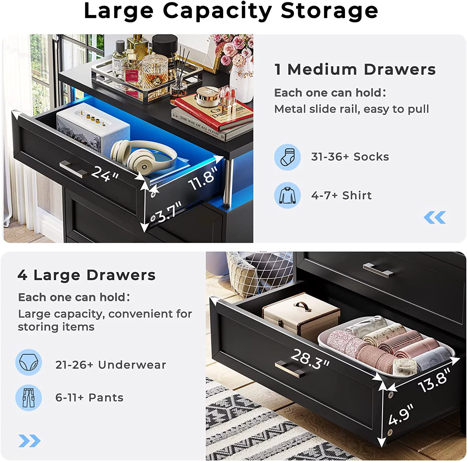 Black 5 Drawers Dresser with LED Light for Bedroom Living Room Closet,Large Capacity Storage Cabinet, Wood Dresser,Black
