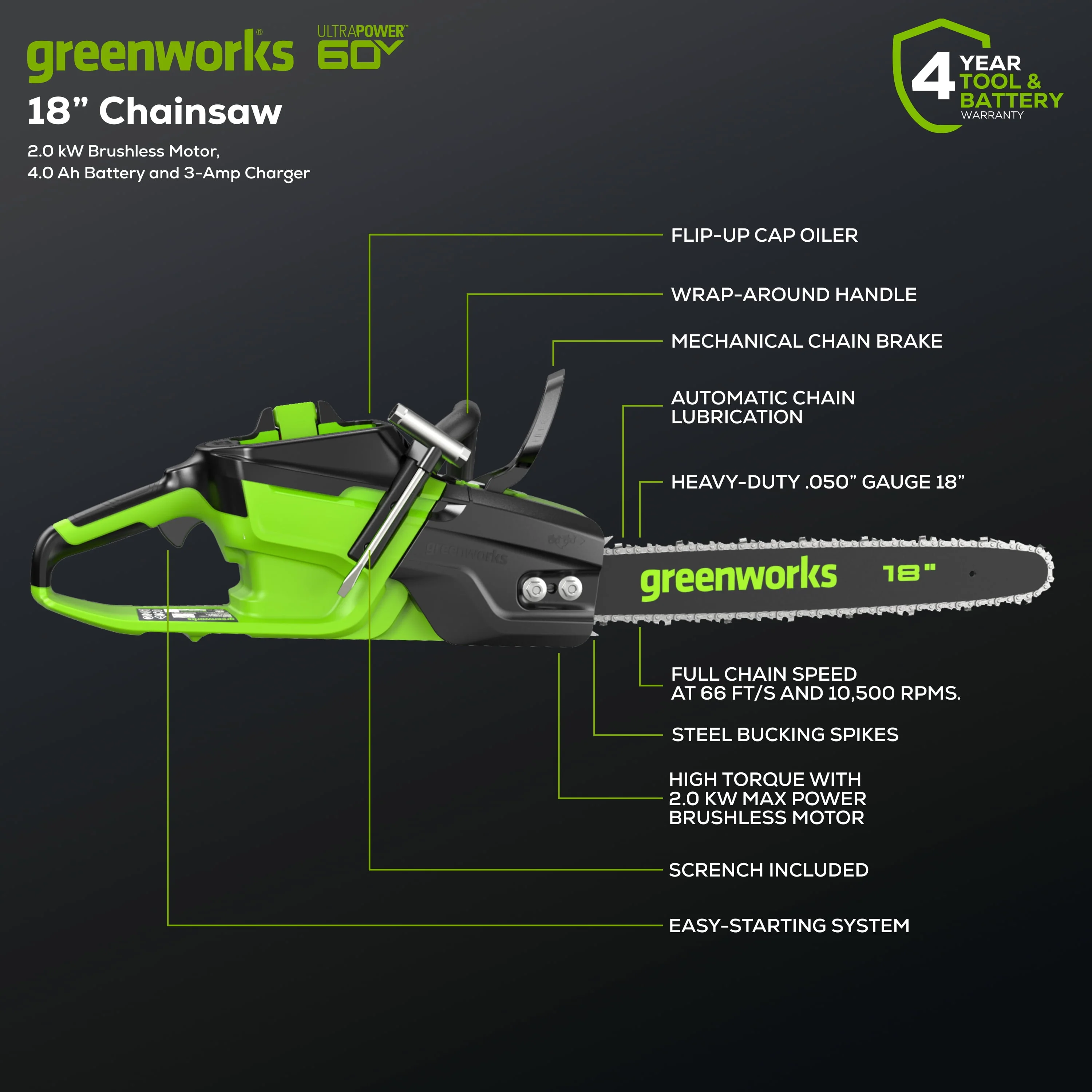 Greenworks 60V 18 2.0kW Brushless Chainsaw with 4.0 Ah Battery & 3 Amp Charger 2028502