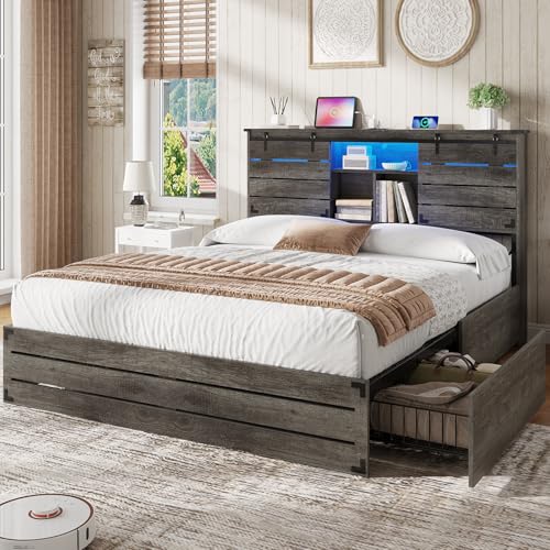 VIAGDO Wooden Bed Frame Queen Size with Bookcase Headboard and Sliding Barn Door, Farmhouse Queen Bed Frame with Charging Station