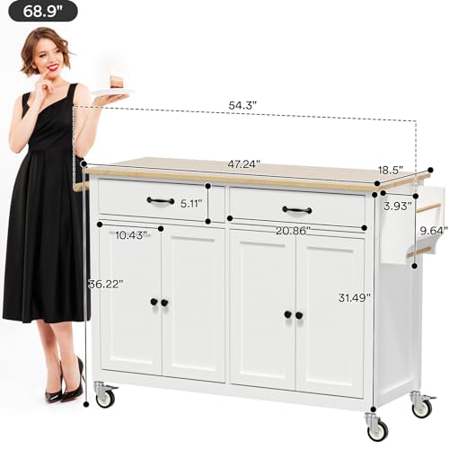 Rovibek Kitchen Island with Drawers 53 in Rolling Island Cart Mobile Solid Wood Portable Islands on Wheels with Storage Cabinet & Drawers, White