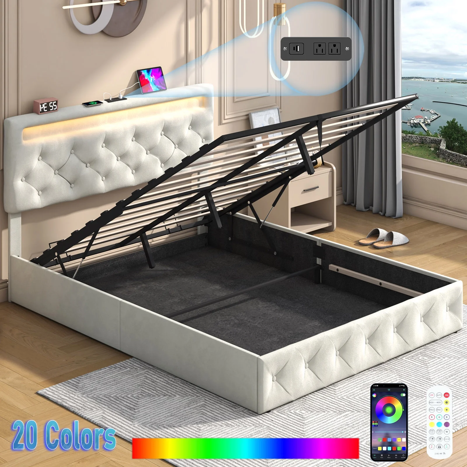 Queen Lift Up Storage Bed with LED Light & Power Station & Large Under Bed Storage