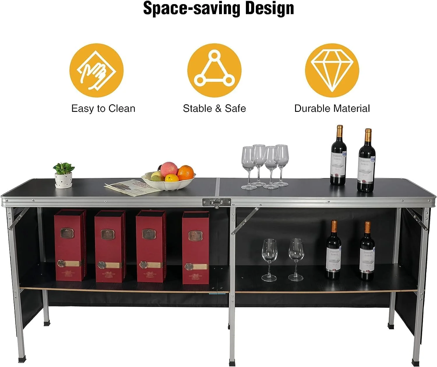 REDCAMP Extra Long Portable Bar Table with Storage Shelf, Pop-up Foldable Party Bar for Indoor Outdoor, Black