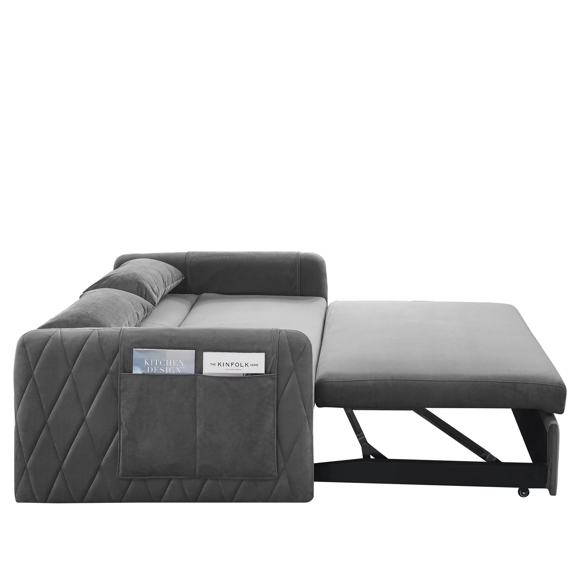 Ufurpie 55"L Modern Velvet Pull Out Sofa Bed,Convertible Velvet Sleeper Sofa Bed with Adjustable Backrest&2 Pillows,Gray