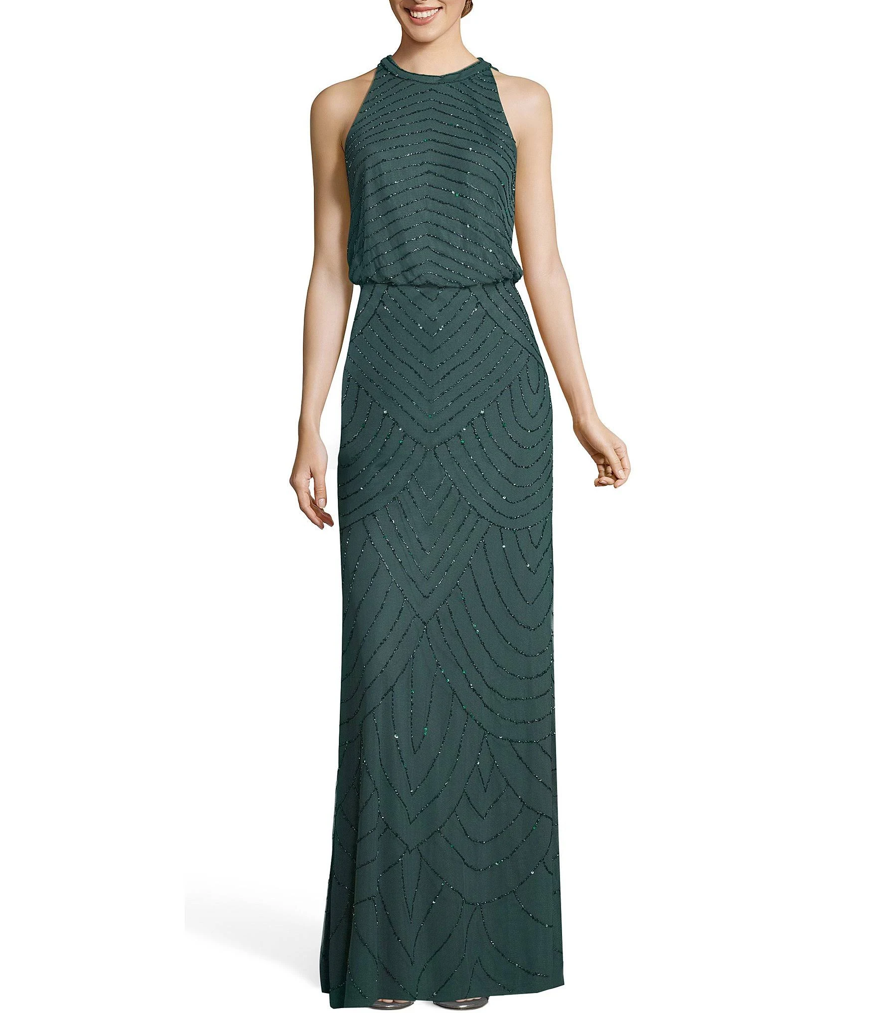 Adrianna Papell Beaded Keyhole Back Halter Gown - 14