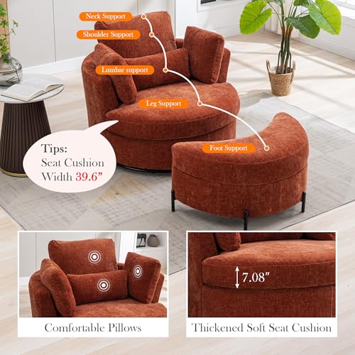 Aoiy & Wifon 42.2" W Oversized Swivel Barrel Chair with Ottoman, Upholstered Round Accent Chair with Storage Ottoman, Chenille, Beige