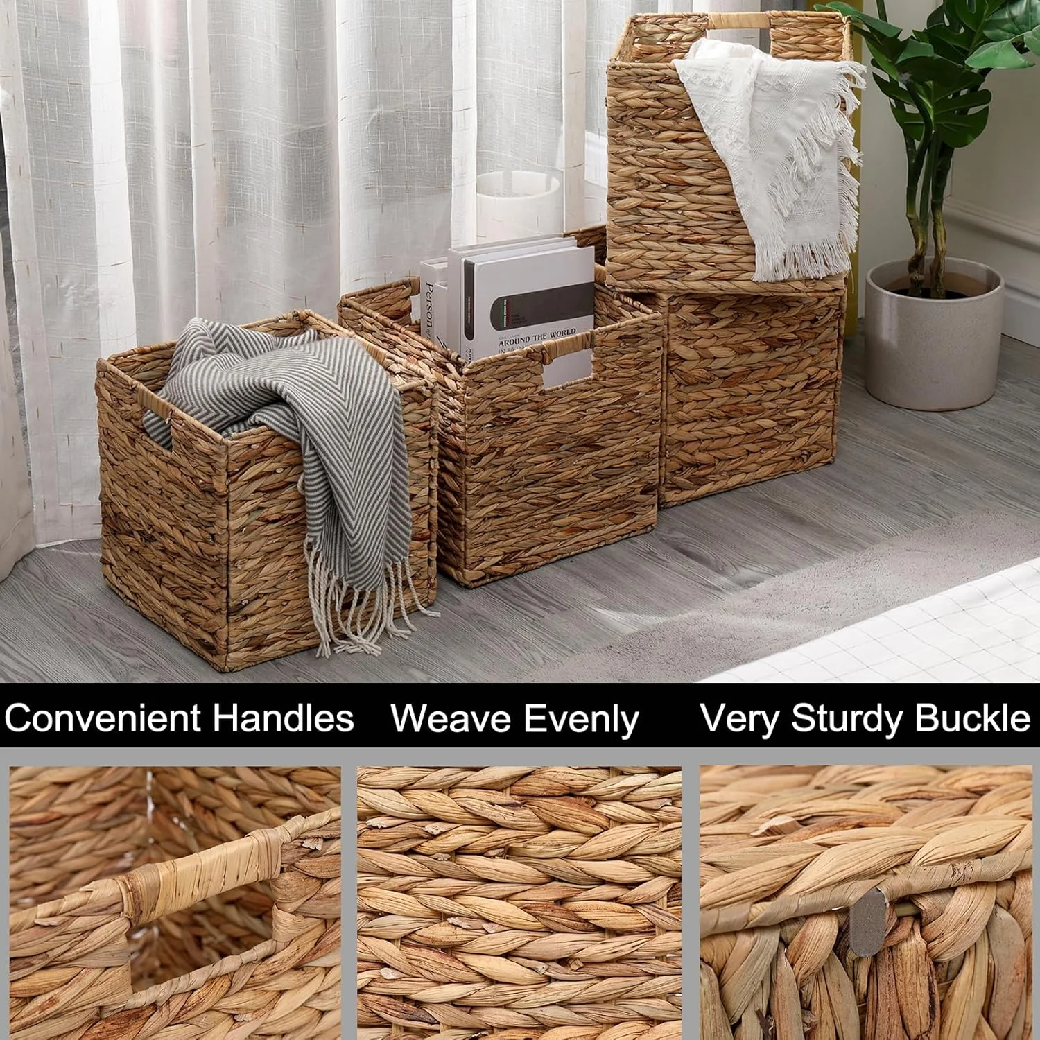 Foldable Handwoven Water Hyacinth Storage Baskets, Set of 4 Pcs, 12x12x12inch Rectangular Laundry Organizer