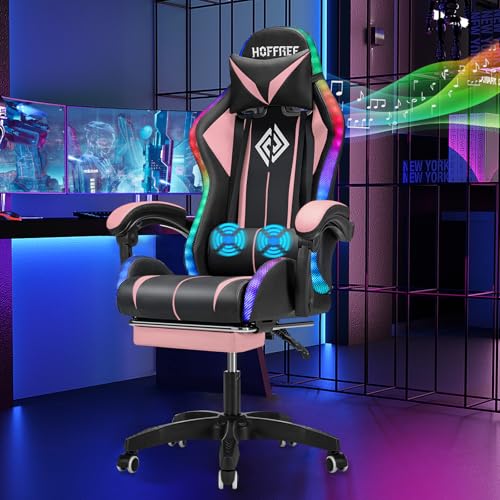 HOFFREE RGB Gaming Chair with Speakers Massage Computer Gaming Chair with LED Lights and Footrest High Back Video Game Chair for Adults Blue and Black
