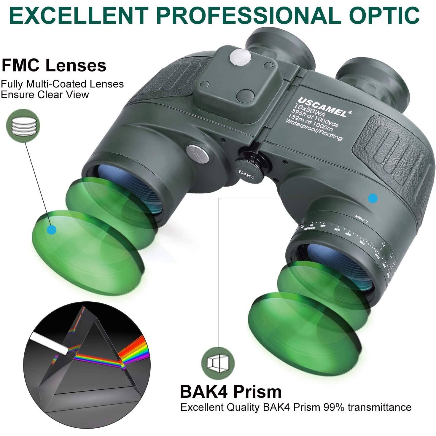 USCAMEL 10x50 Marine Military Binoculars for Adults, Waterproof Binoculars with Rangefinder Compass BAK4 Prism FMC Lens for B