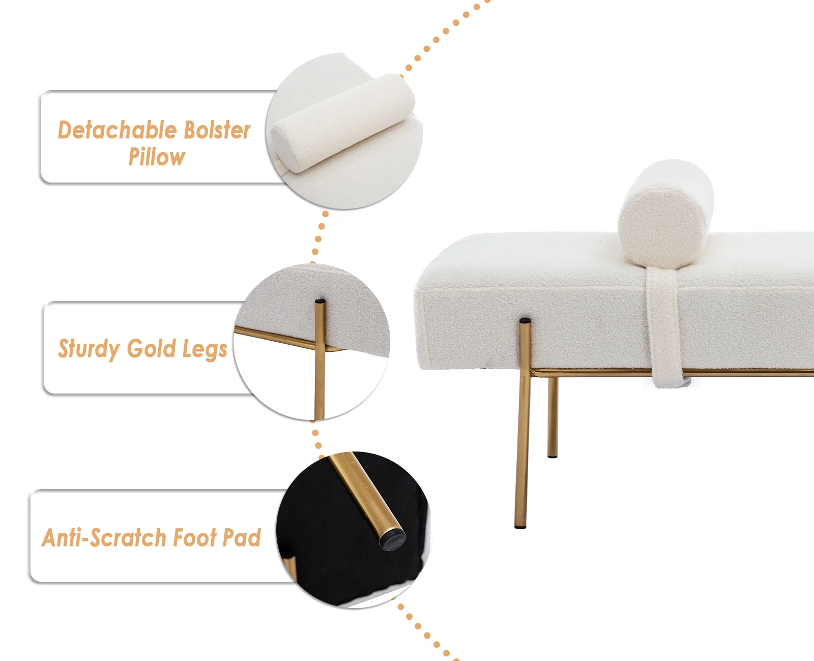 55" White End of Bed Bench, Modern Faux Fur Upholstered Ottoman Bench Seat with Gold Legs