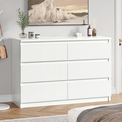 White 6 Drawer Dresser for Bedroom, Modern Fluted Dresser with Deep Drawers, Large Double Wooden Chest of Drawers for Living Room, Hallway