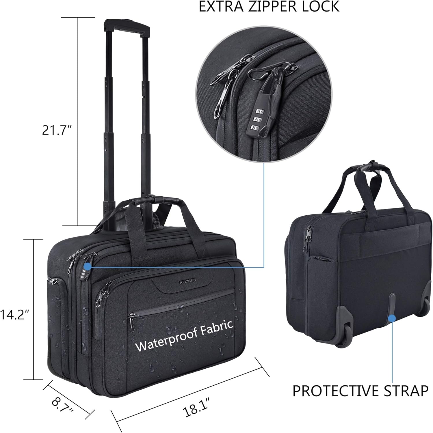 KROSER Rolling Laptop Bag Premium Wheeled Briefcase Fits Up to 17.3 Inch Laptop Water-Proof Overnight Roller Case Computer Bag with RFID Pockets for