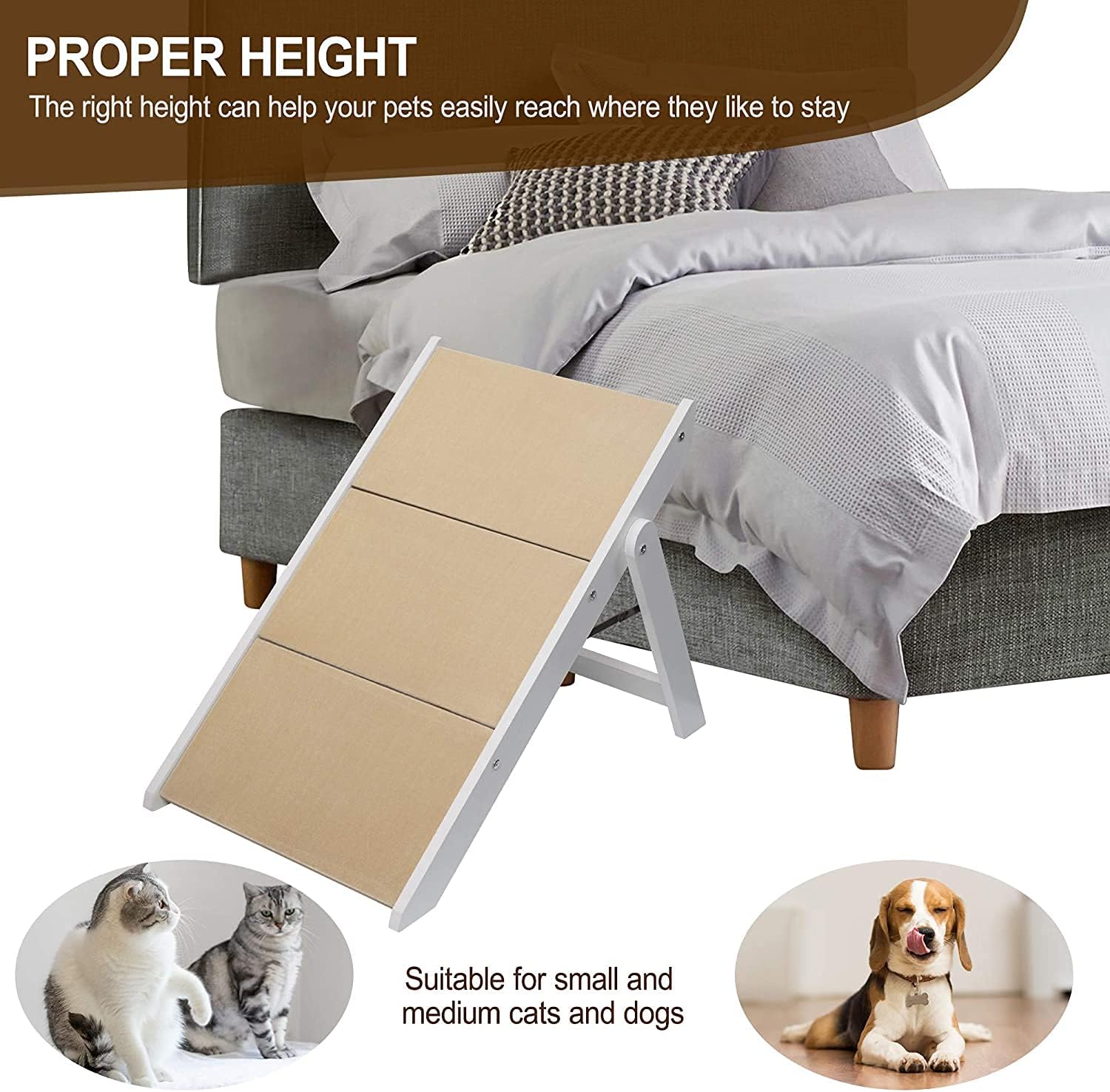 Niubya Wooden Foldable Dog Stairs, Portable 2-in-1 Pet Ramp for Small to Large Dogs and Cats, Nonslip 3-Step Dog Steps for High Beds, Couch and Cars