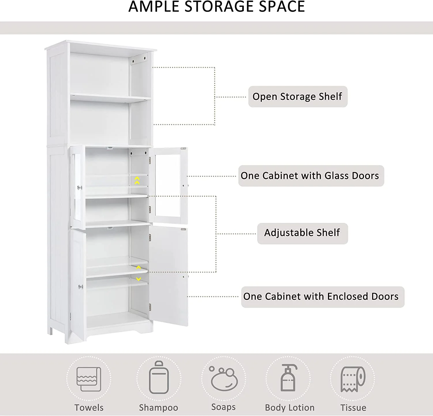 WANHUI, White Storage Cabinet with Glass Doors, Open Bookcase, Pantry Cupboard, Freestanding Organizer Display for Bathroom, Kitchen, Office