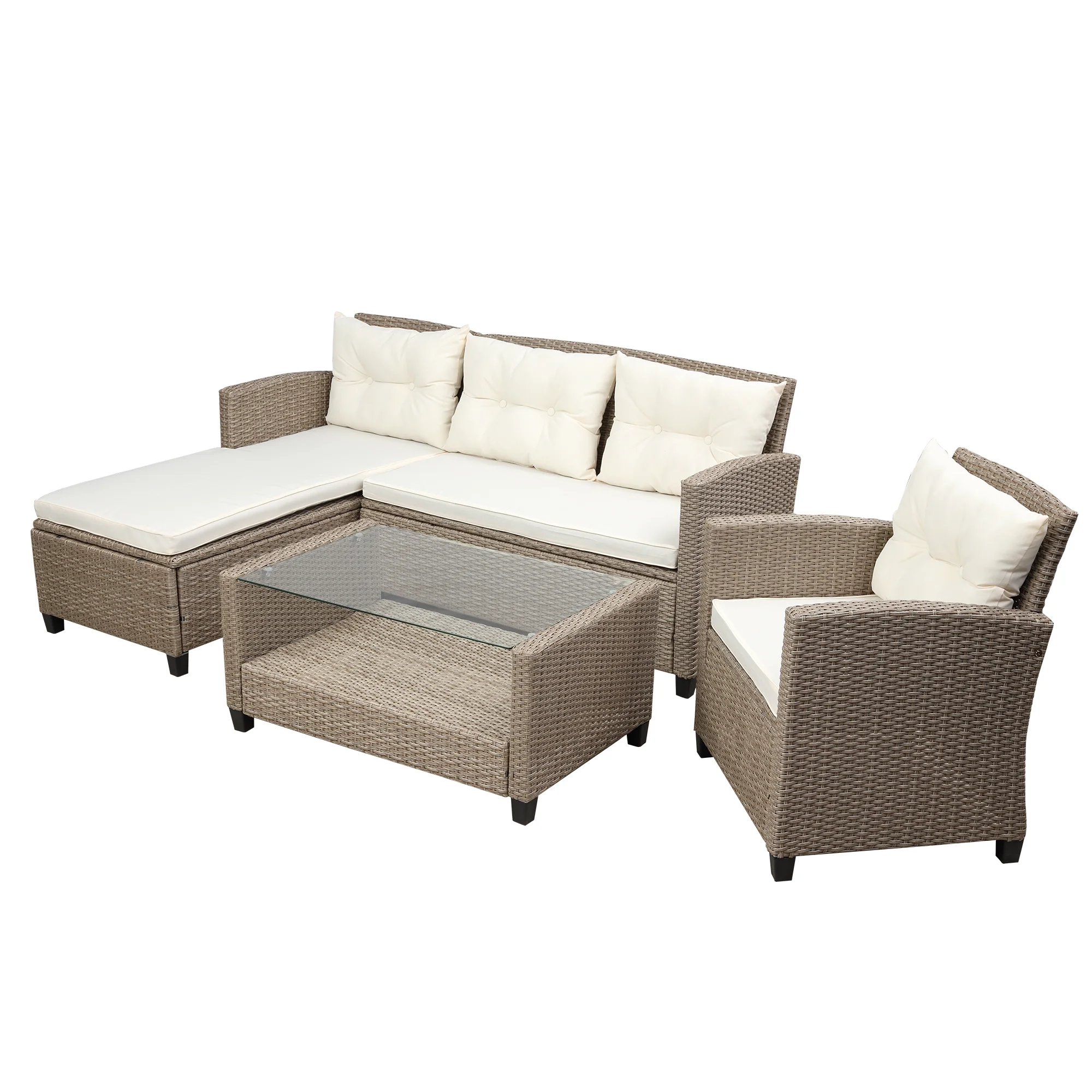 Dcenta Living room, Outdoor, Patio Furniture Sets, 4 Piece Conversation Set Wicker Rattan Sectional Sofa with Seat Cushions, Beige Brown