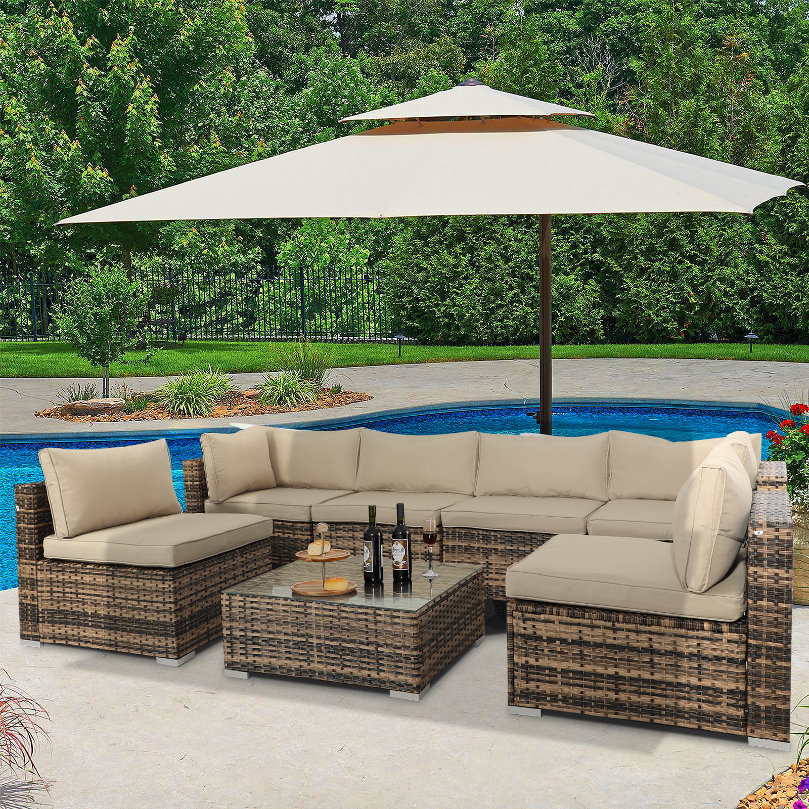 Magic Union Outdoor  7 Pieces Patio Furniture Set, PE Rattan Wicker Furniture with Table and Cushions, Beige