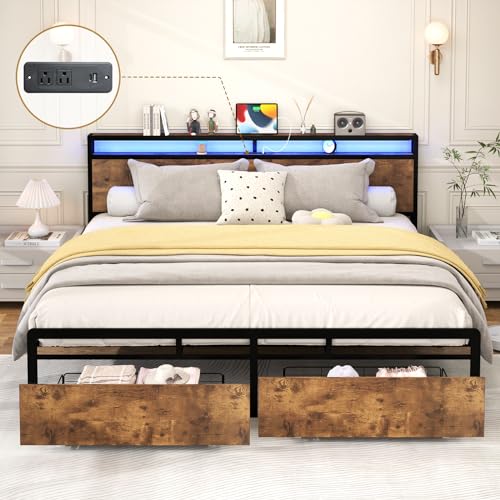 Full Size Bed Frame with Headboard, LED Platform Bed with 4 Storage Drawers, Built in Charging Station, Noise-Free, Metal Support Base
