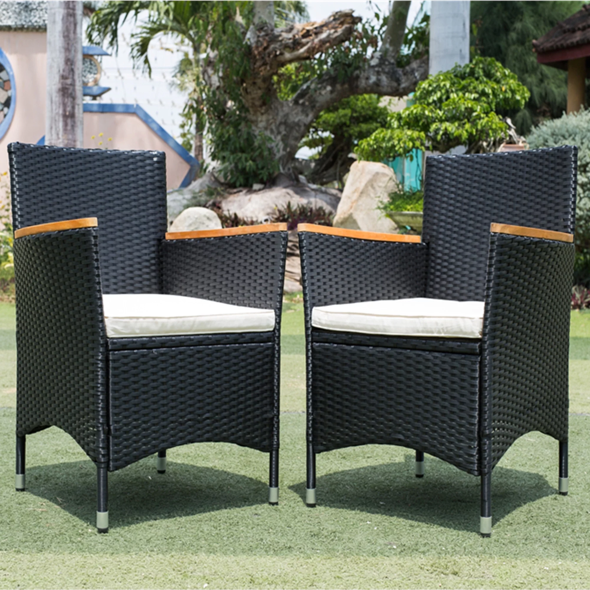 7 Piece Outdoor Patio Dining Set Outdoor Wicker Dining Furniture Set with Brown Rattan Dining Table and Chairs, Beige Cushions