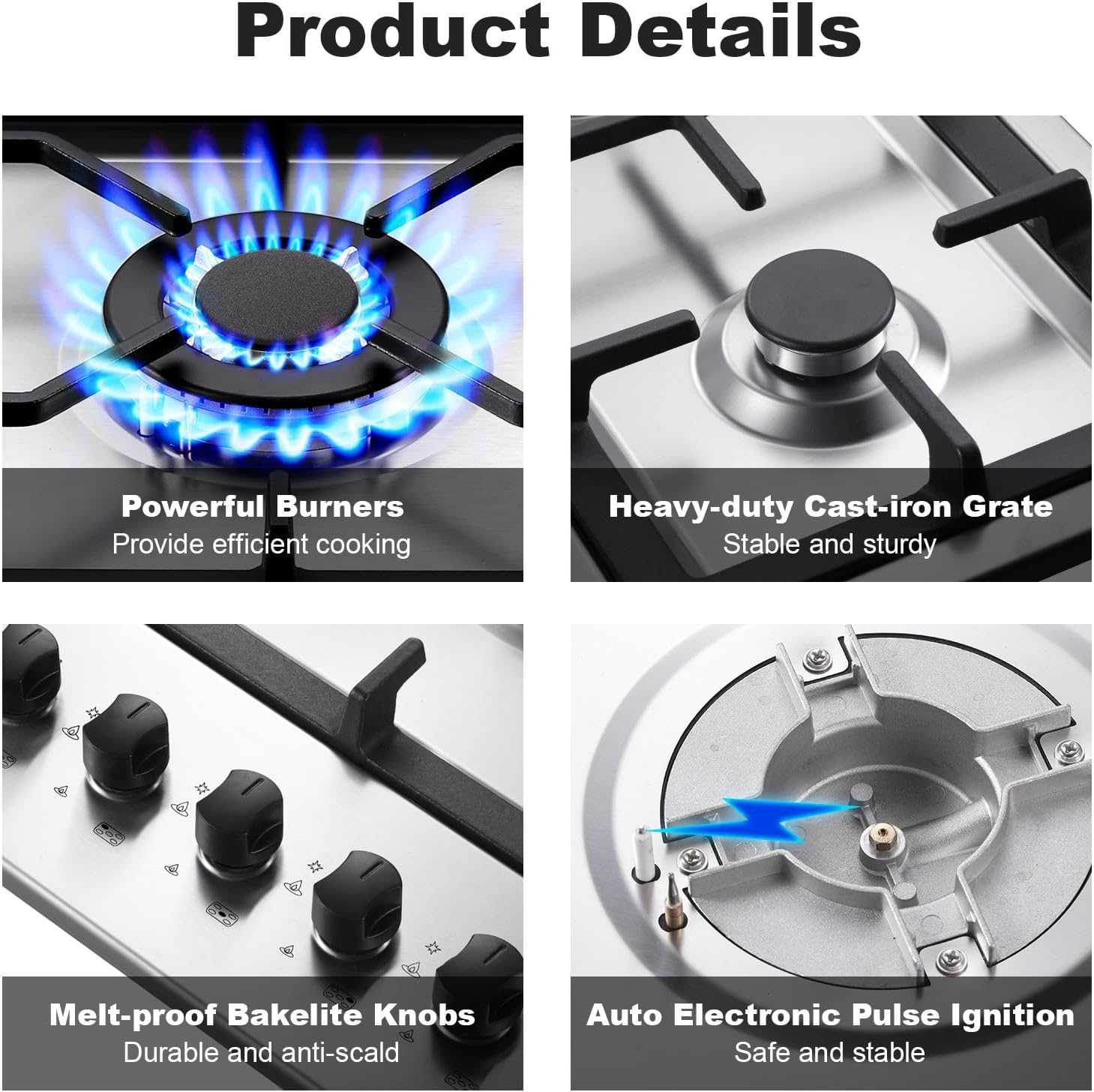 Gas Cooktop 36 Inch, 5 Burner Gas Stove Top, Built in Stainless Steel 36 Inch Gas Hob with Thermocouple Protection, LPG/NG Convertible Propane Cooktop