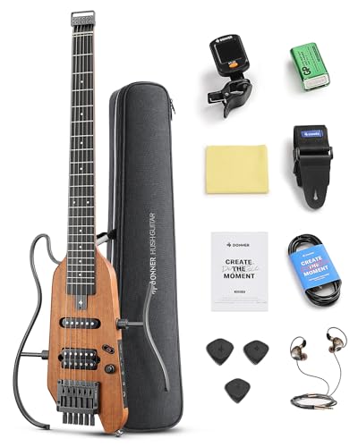 Donner HUSH-X Electric Guitar Kit - Featherlight Travel Guitar with Easy Assemble Stands, Great for Travel and Practice, Mahogany Solid Body, Gig Bag
