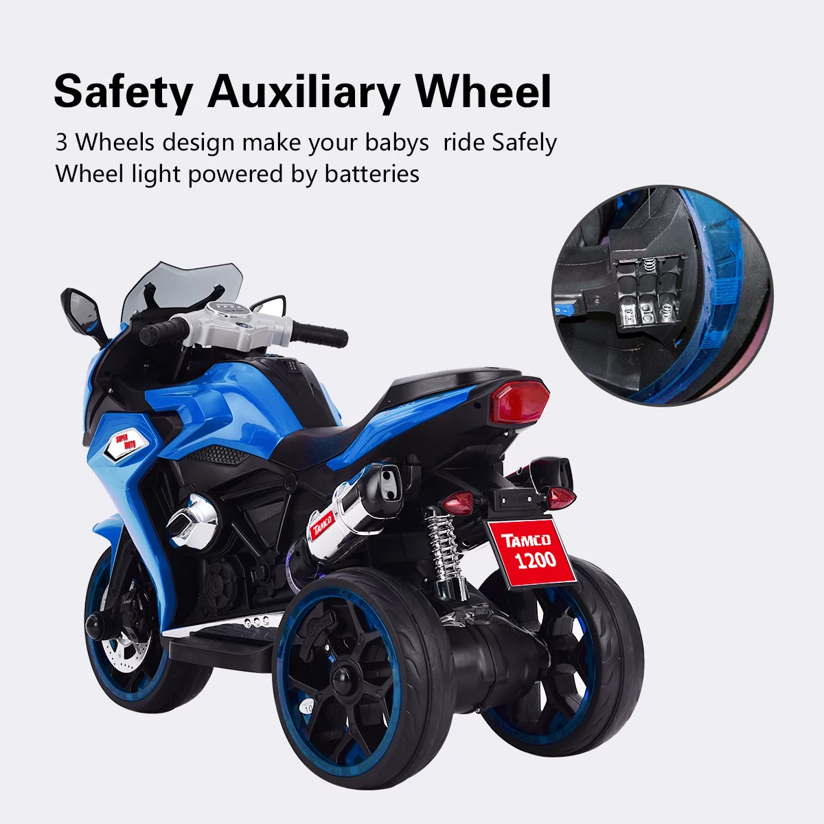 LightingGo 12V Kids Electric Motorcycle, 3 Wheels Ride on Motorcycle Toys, Children Battery Motor Bikes Rechargeable with MP3, Music,Blue