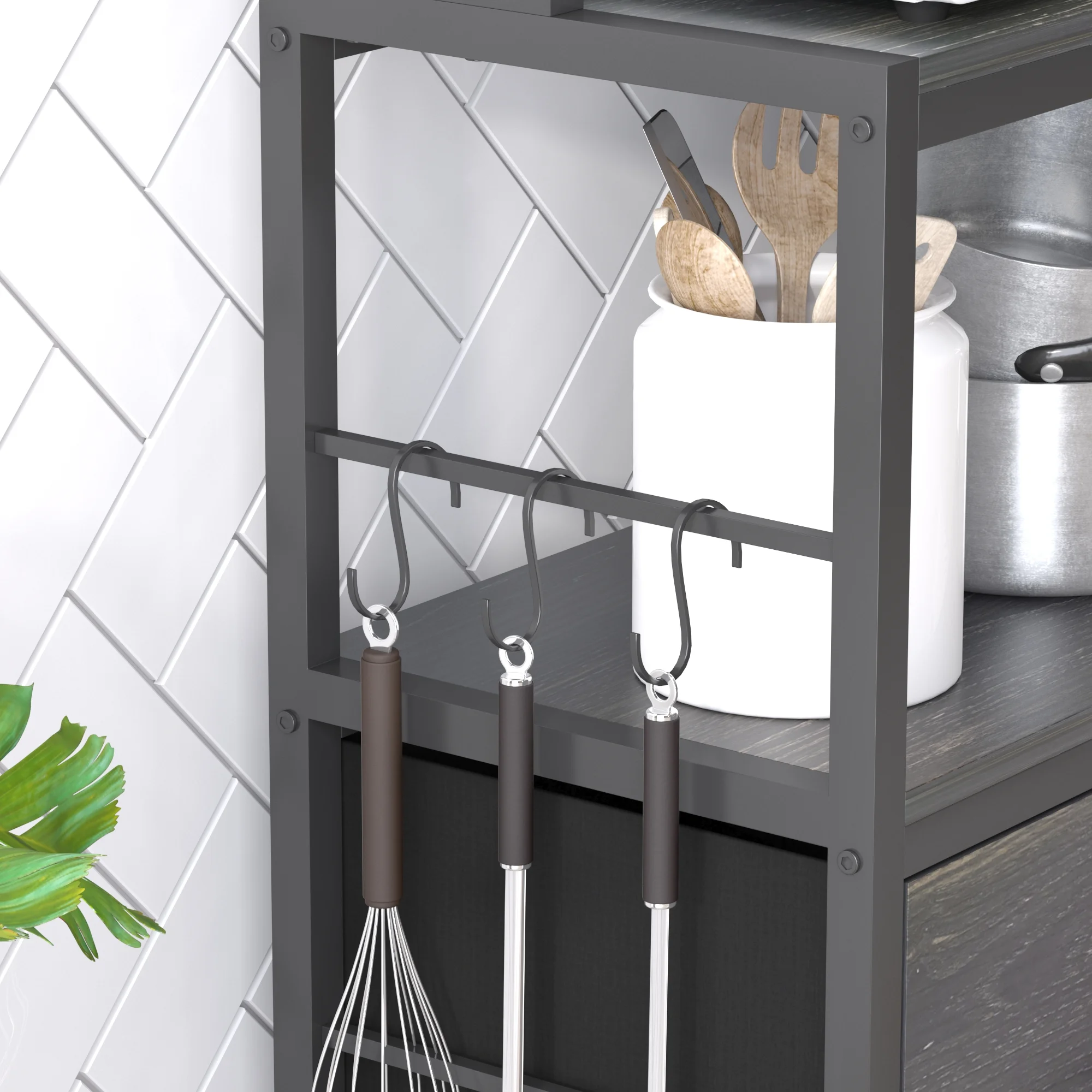 NAIYUFA Bakers Rack 5-Tier Wood Kitchen Storage Shelf with Baskets and Hooks Industrial Microwave Oven Stand,Black