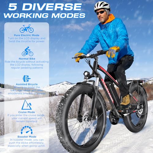 Electric Bike for Adults, 1000W Peak Ebike, 25MPH 60Miles Electric Mountain Bike, 26" Fat Tire Electric Bicycle with 48V 13AH Battery, Rear Rack