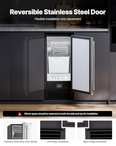 VEVOR Under Counter Ice Maker Machine, Crescent Ice, 25 Lbs/Day Stainless Steel Built in Ice Maker with Reversible Door