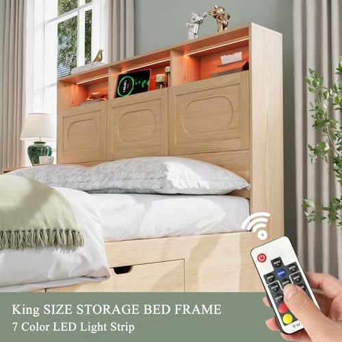 Queen Bed Frame with 47" Storage Headboard, Queen Size Wood Bed Frame with 4 Storage Drawers, Built-in Charging Station & LED, Solid Wood Slats