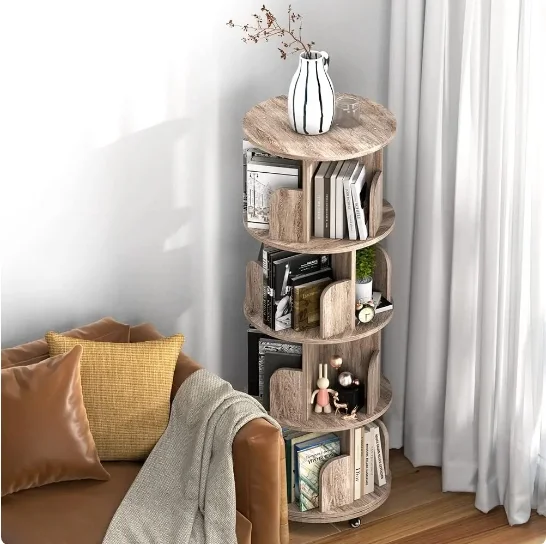 Rotating Bookshelf, 4 Tier Revolving Bookcase with Brake Wheels 360° Display Round Bookshelf Narrow Swivel Corner Bookshelf - Curated Treasures Market