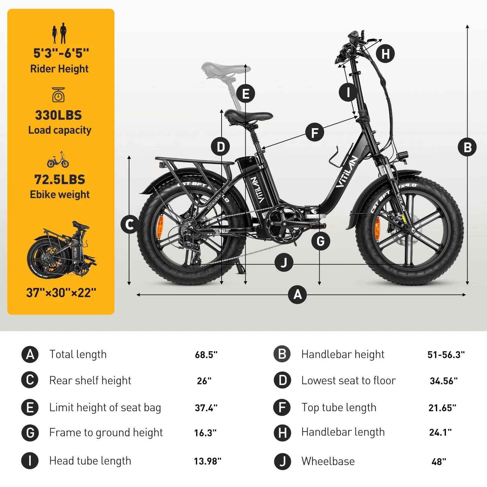 VITILAN U7 2.0 Electric Bike for Adults 750W Motor 20" x 4.0" Fat Tire Folding Step-Thru Electric Bicycle, 48V 20AH Removable Sam-sung Battery