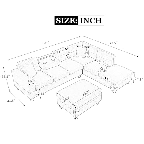 P PURLOVE Sectional Sofa Couch with Reversible Chaise and Ottoman, Polyester L-Shape Couch with 2 Pillows and Cup Holder
