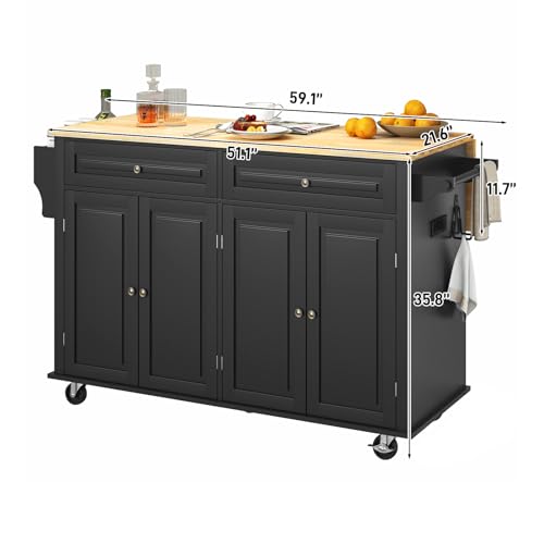 Kitchen Cart with Wood Top and Drop Leaf Breakfast Bar, Rolling Mobile Kitchen Island Table on Wheels with Drawer and Storage Cabinet, Spice Rack