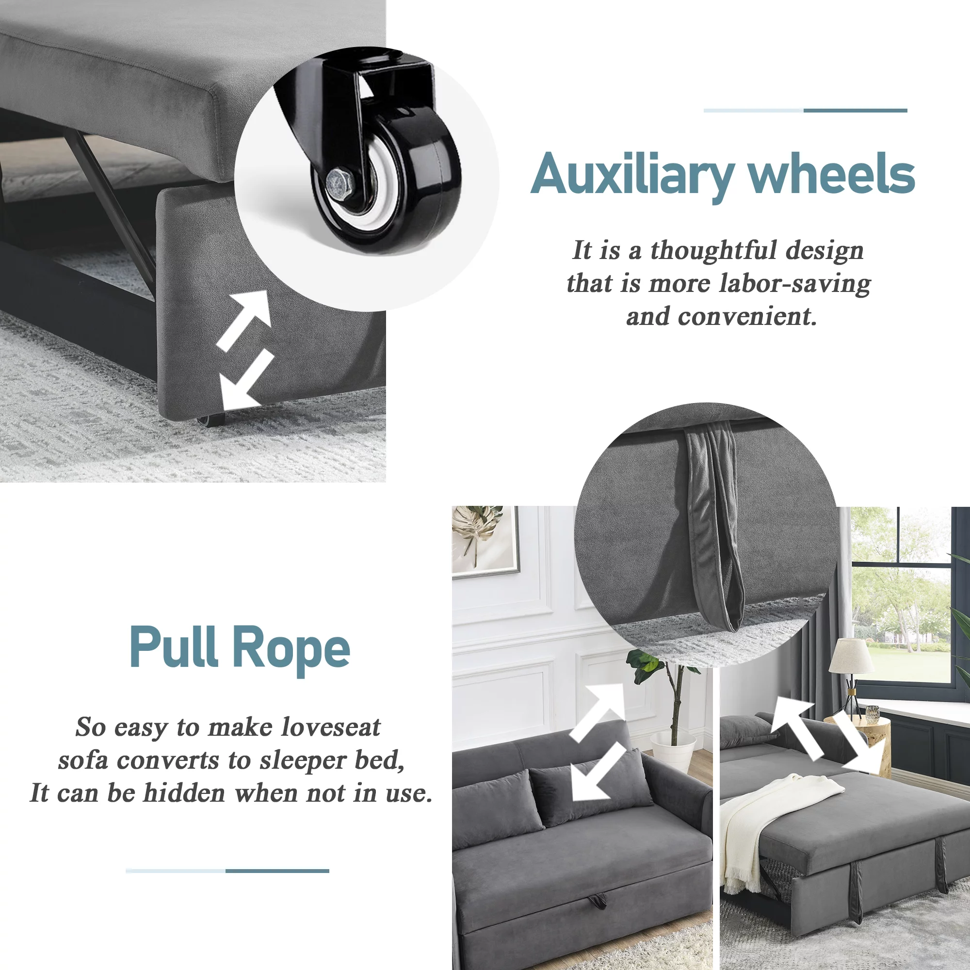 Ufurpie 55"L Modern Velvet Pull Out Sofa Bed,Convertible Velvet Sleeper Sofa Bed with Adjustable Backrest&2 Pillows,Gray