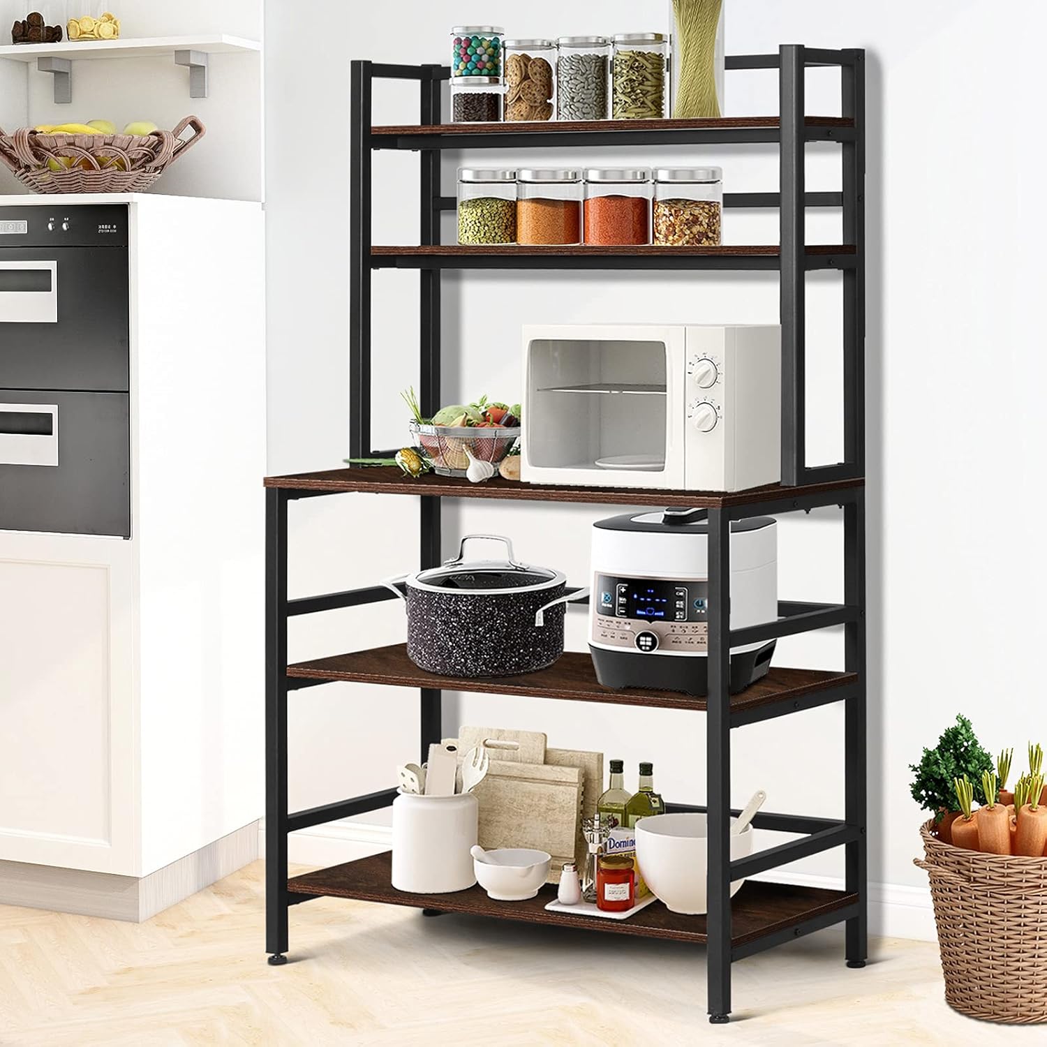 Hrooarem 5-Tier Standing Bakers Rack, Kitchen Stand with Shelves, Microwave Oven Stand with Hutch