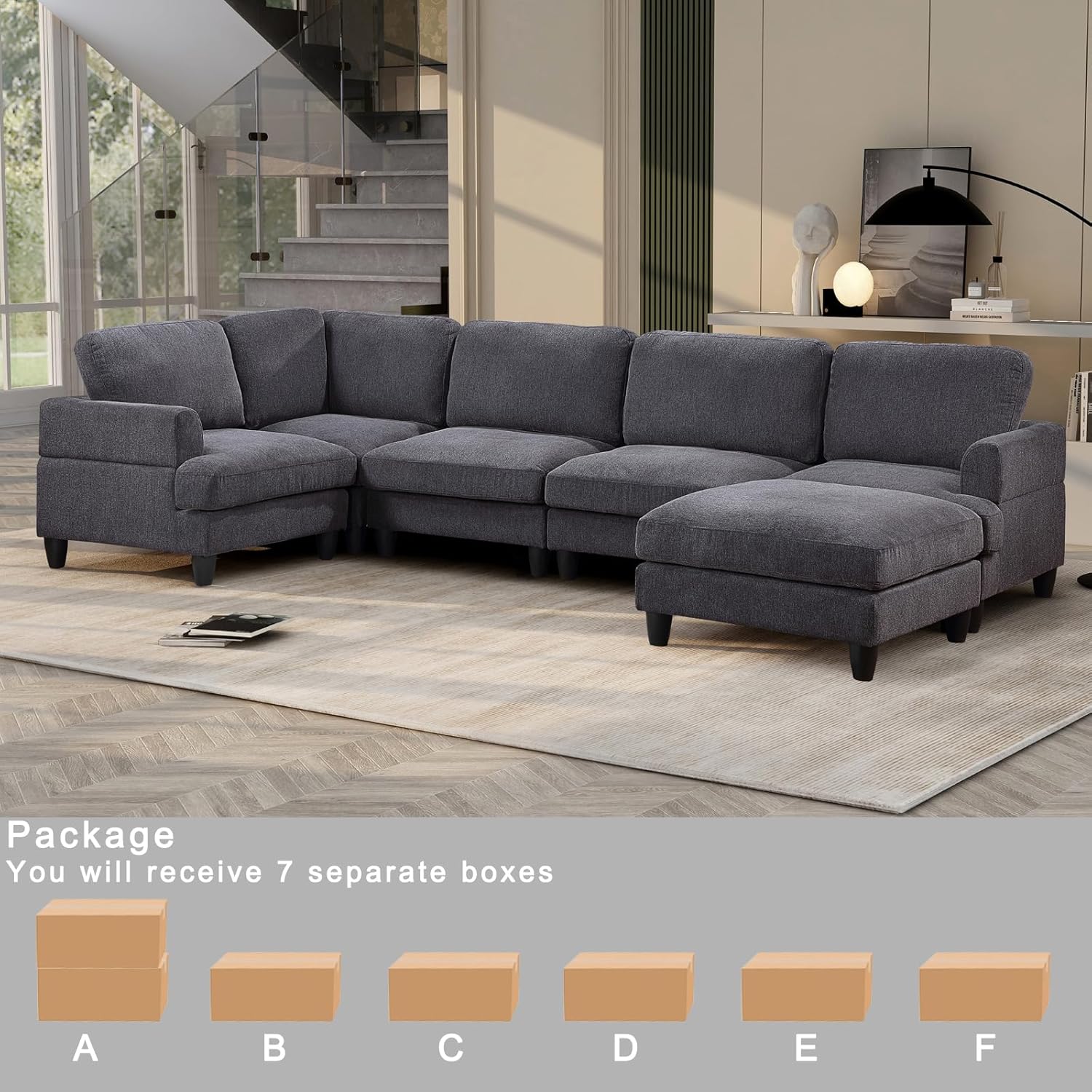 U-Shaped Oversized Modular Sectional Sofa Couch with Movable Ottoman