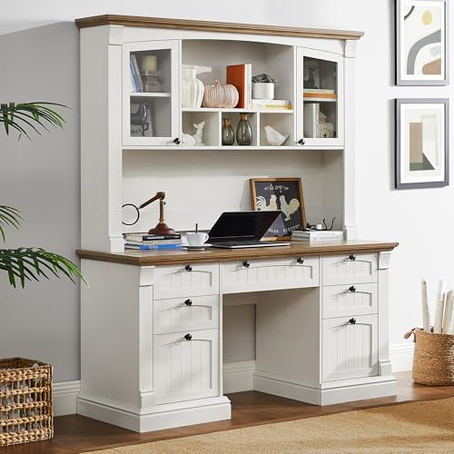 OKD 60" Executive Desk with Drawers, Farmhouse Home Office Desk with Charging Station, Keyboard Tray, File Cabinet Storage