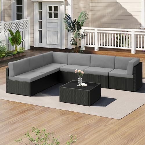 U-MAX 7 Piece Outdoor Patio Furniture Set, PE Rattan Outdoor Wicker Sectional Furniture Chair Set with Cushions and Tea Table