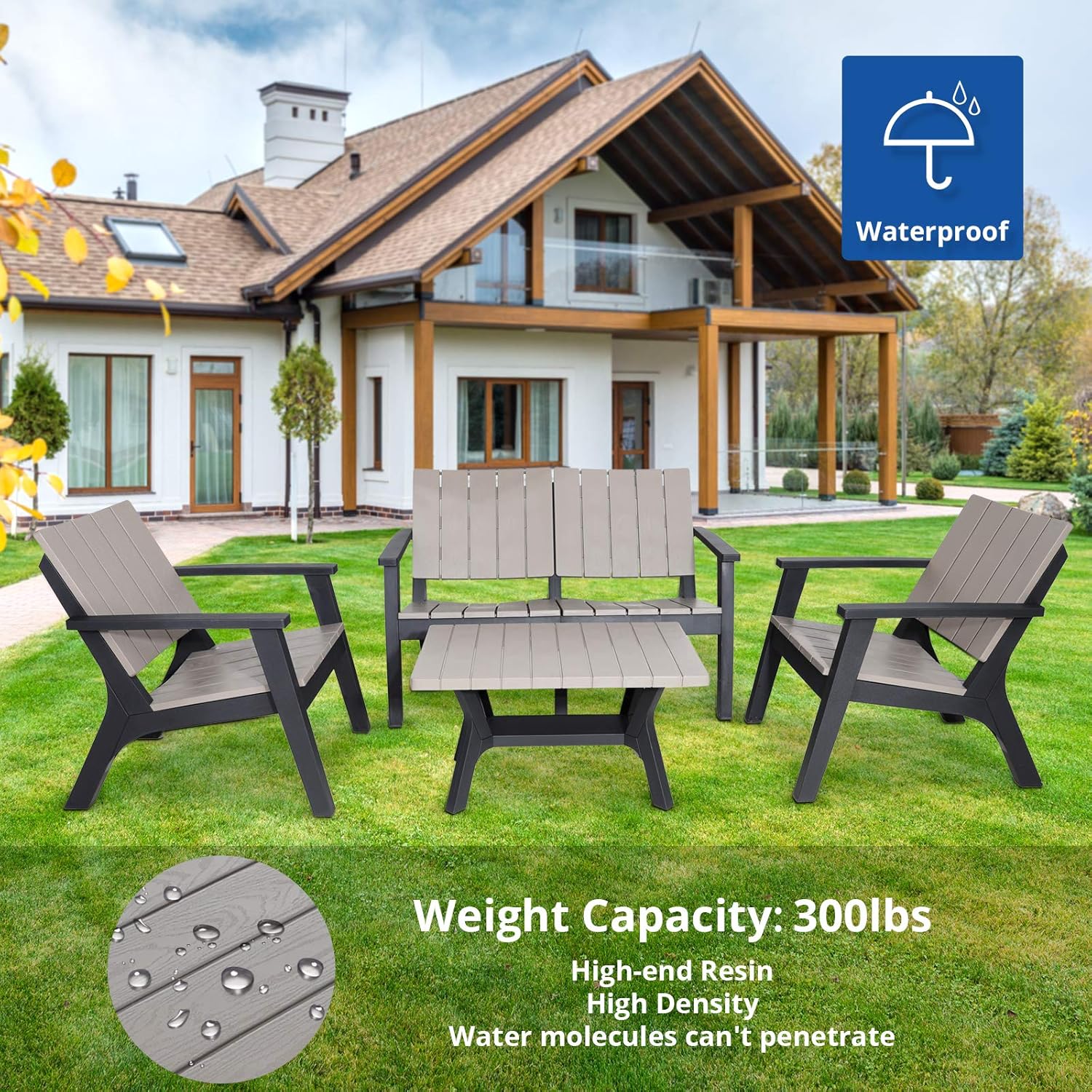 Cozy Castle 4 Pieces Patio Furniture Sets, Resin Outdoor Table and Chairs, Patio Conversation Sets, Patio Sets, Outdoor Seating, Lawn and Garden