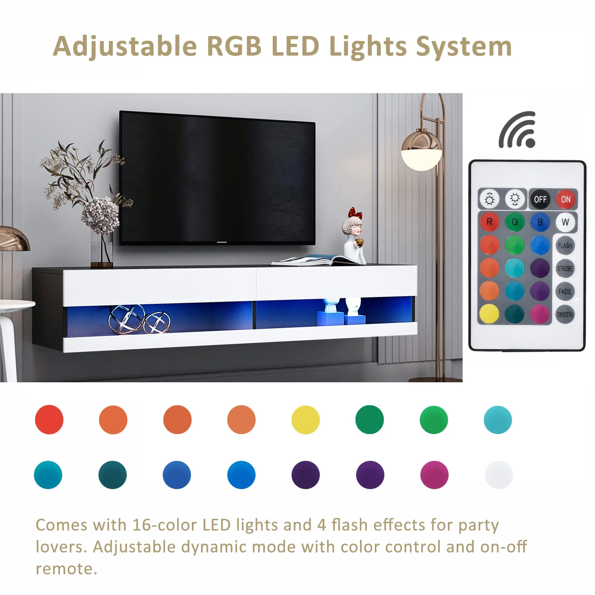 Floating TV Stand Wall Mounted with LED Lights, Floating TV Cabinet for 80 Inch TV