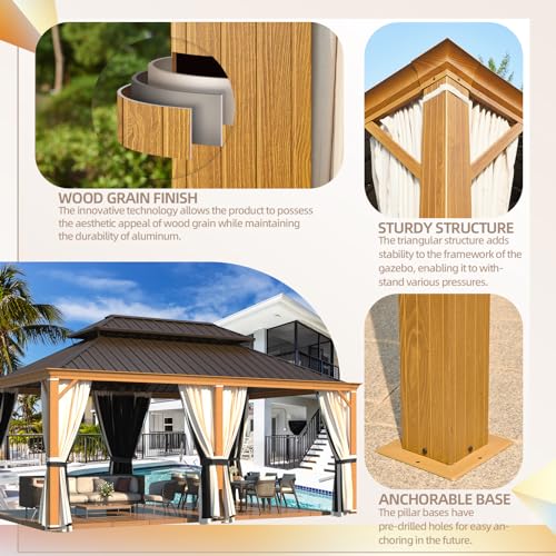 YOLENY 10' x 12' Hardtop Gazebo, Metal Gazebo with Aluminum Frame, Double Galvanized Steel Roof, Curtains and Netting Included