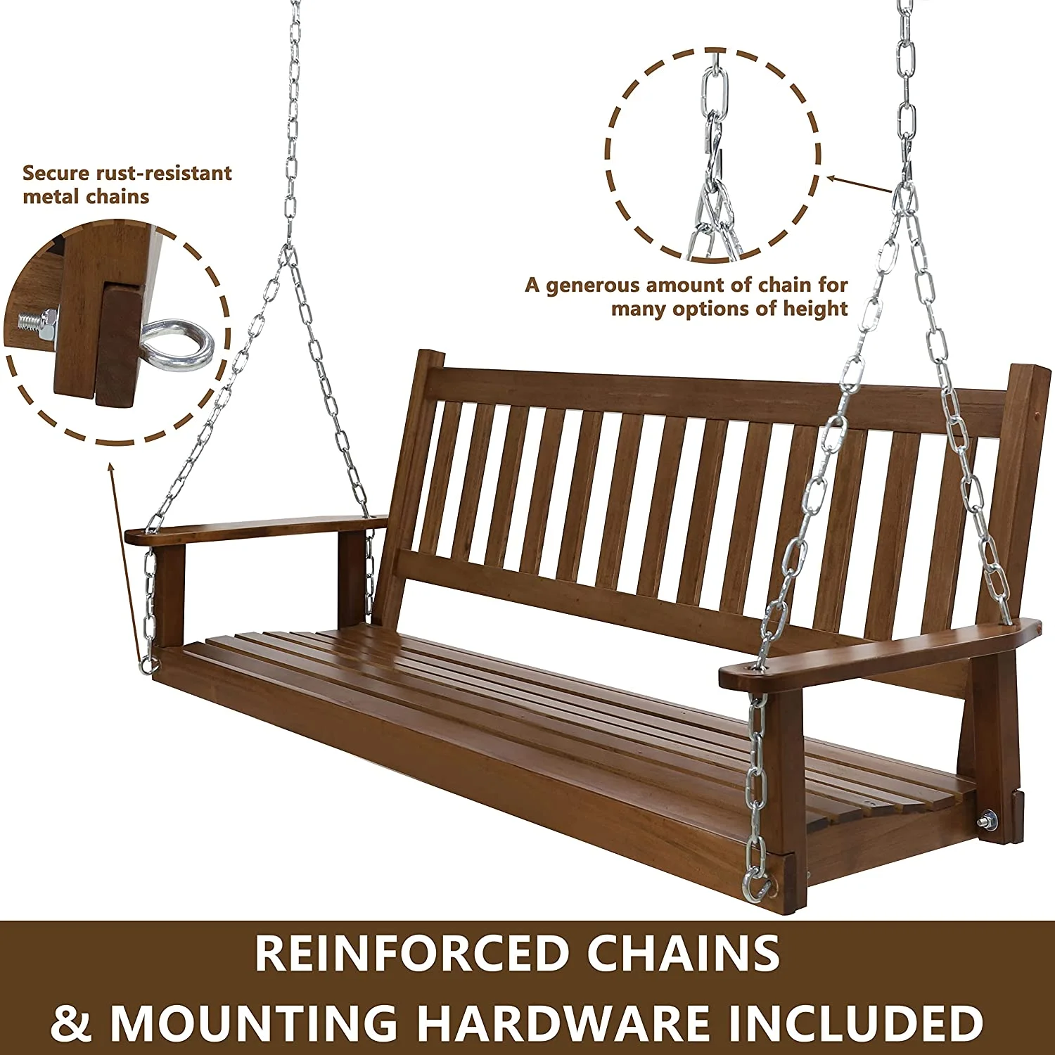 Outdoor Patio Hanging Wooden Porch Swing 5FT with Chains, 3-Person Heavy Duty Swing Bench for Garden and Backyard, Wood Brown