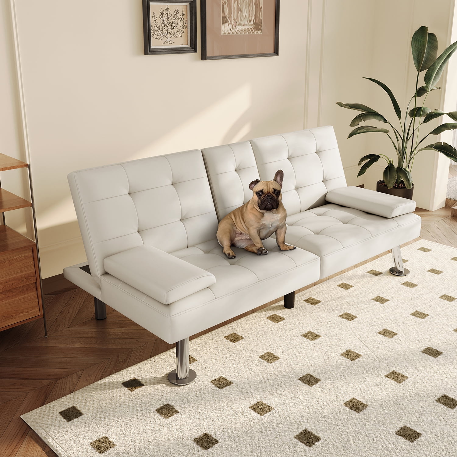 Linsy Home Convertible Upholstered Faux Leather Futon Couch, White - Radiant Selections