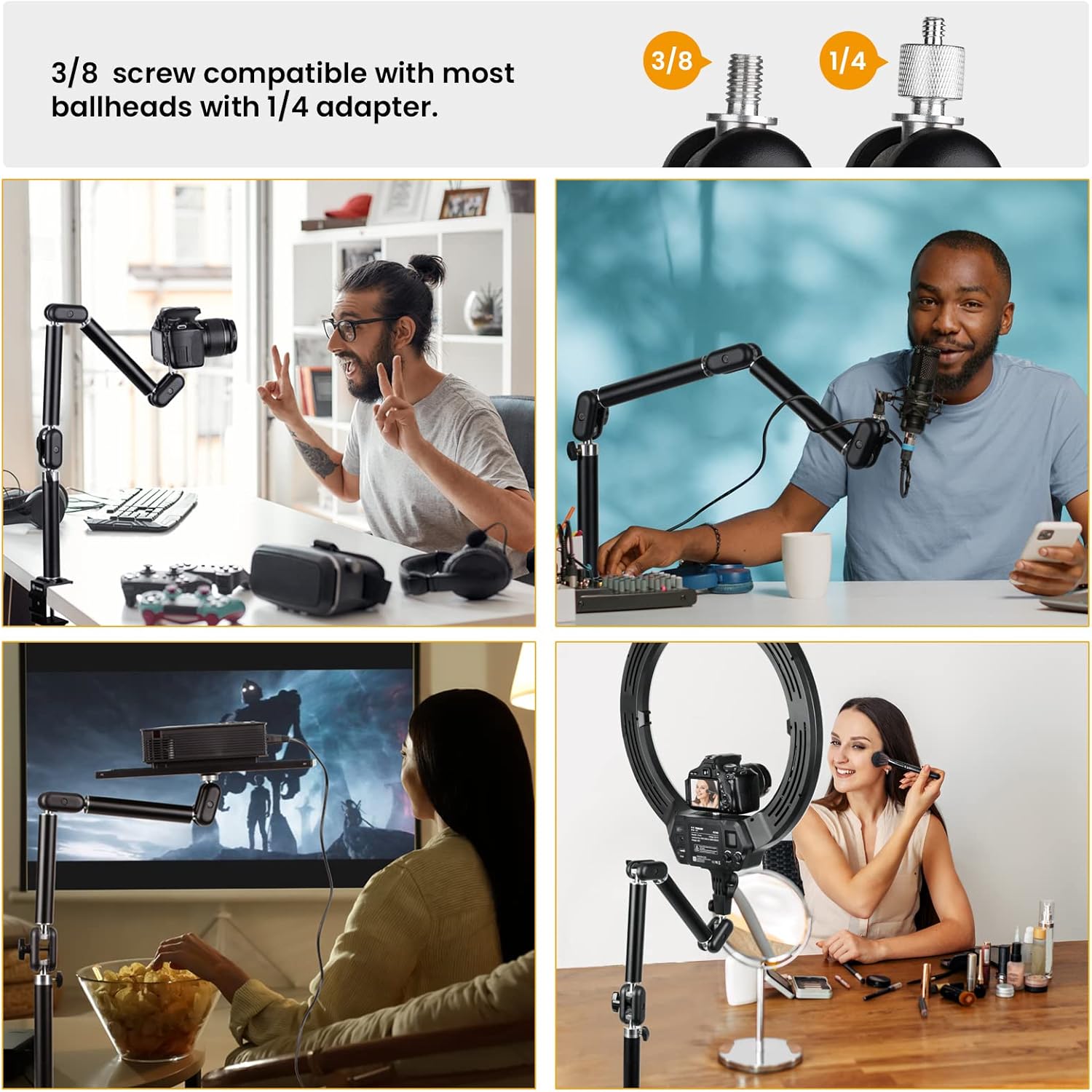 TARION Desk Camera Mount Stand Articulating Camera Arm Holder Heavty Duty Articulated Camera Mount Stand Adjustable Flexible Gear Joints TKA01-M