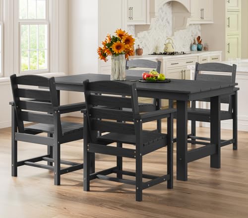 SERWALL Outdoor HDPE Dining Table Set, 7-Piece Outdoor Dining Table Sets with Umbrella Hole Cut-Out Table and 6 Chairs, Gray