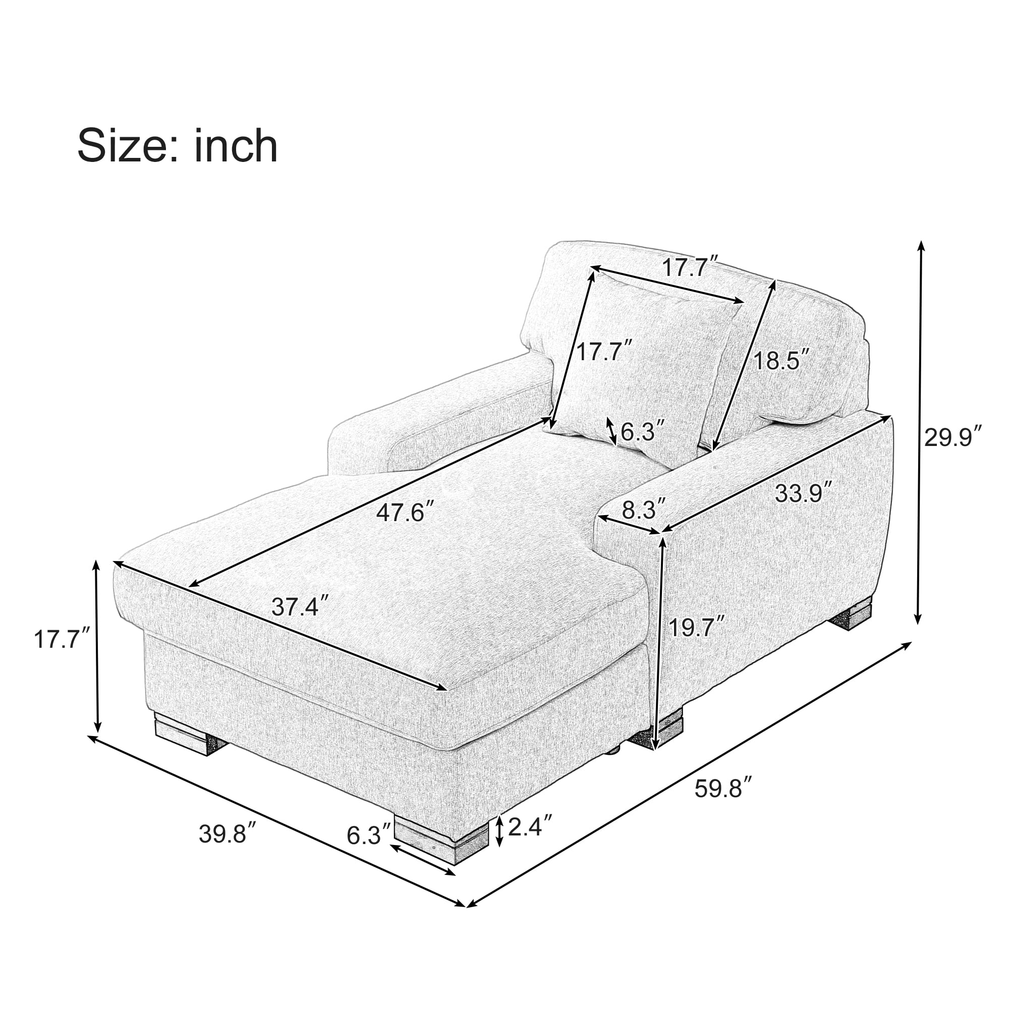 EUROCO 37.4"W Modern Mid-Century Indoor Oversized Chaise Lounger Comfort Sleeper Sofa with Pillow and Soild Wood Legs, Velvet,Gray