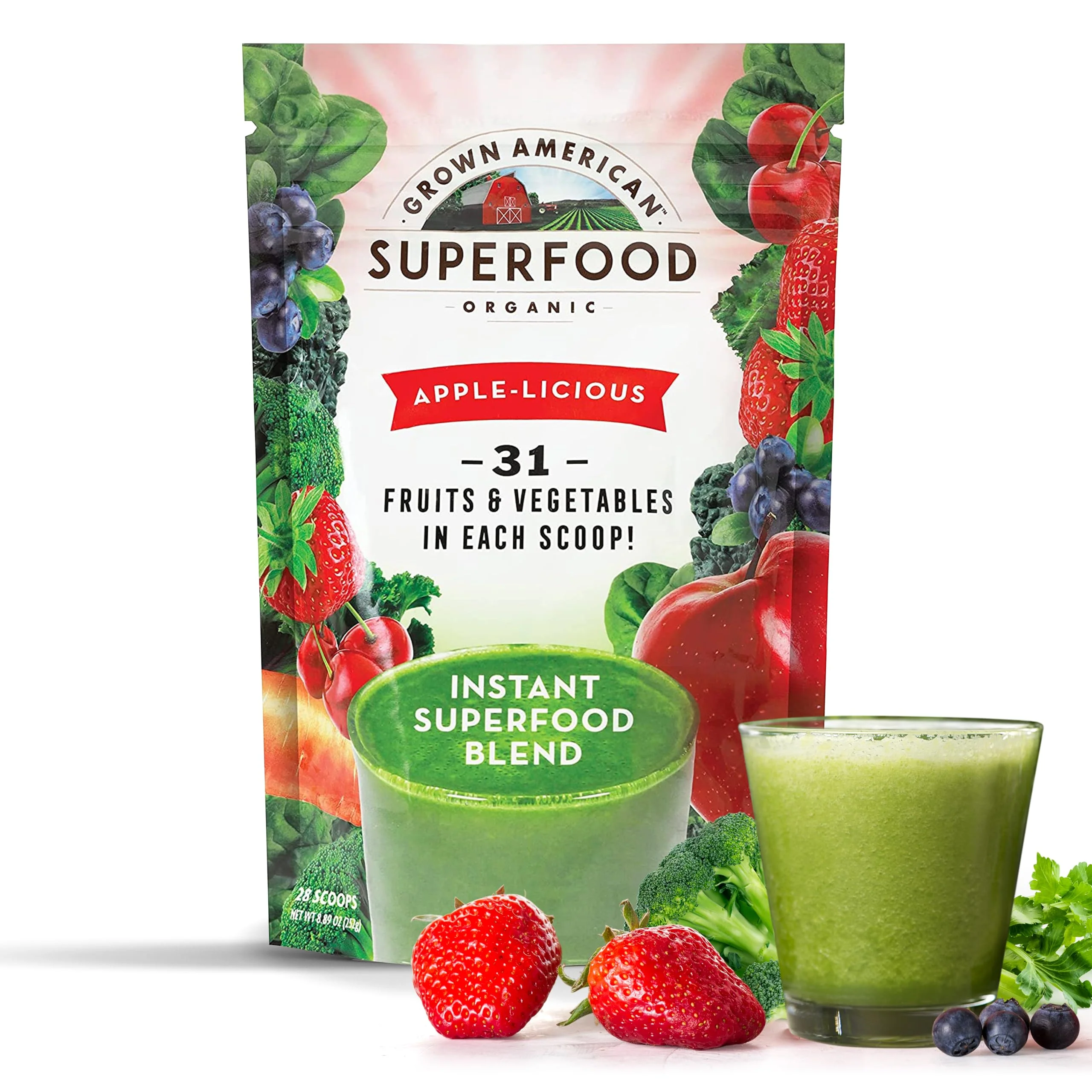 Grown American Superfood - 31 Organic Whole Fruits and Vegetables Concentrated Green Powder Increase Energy and Performance