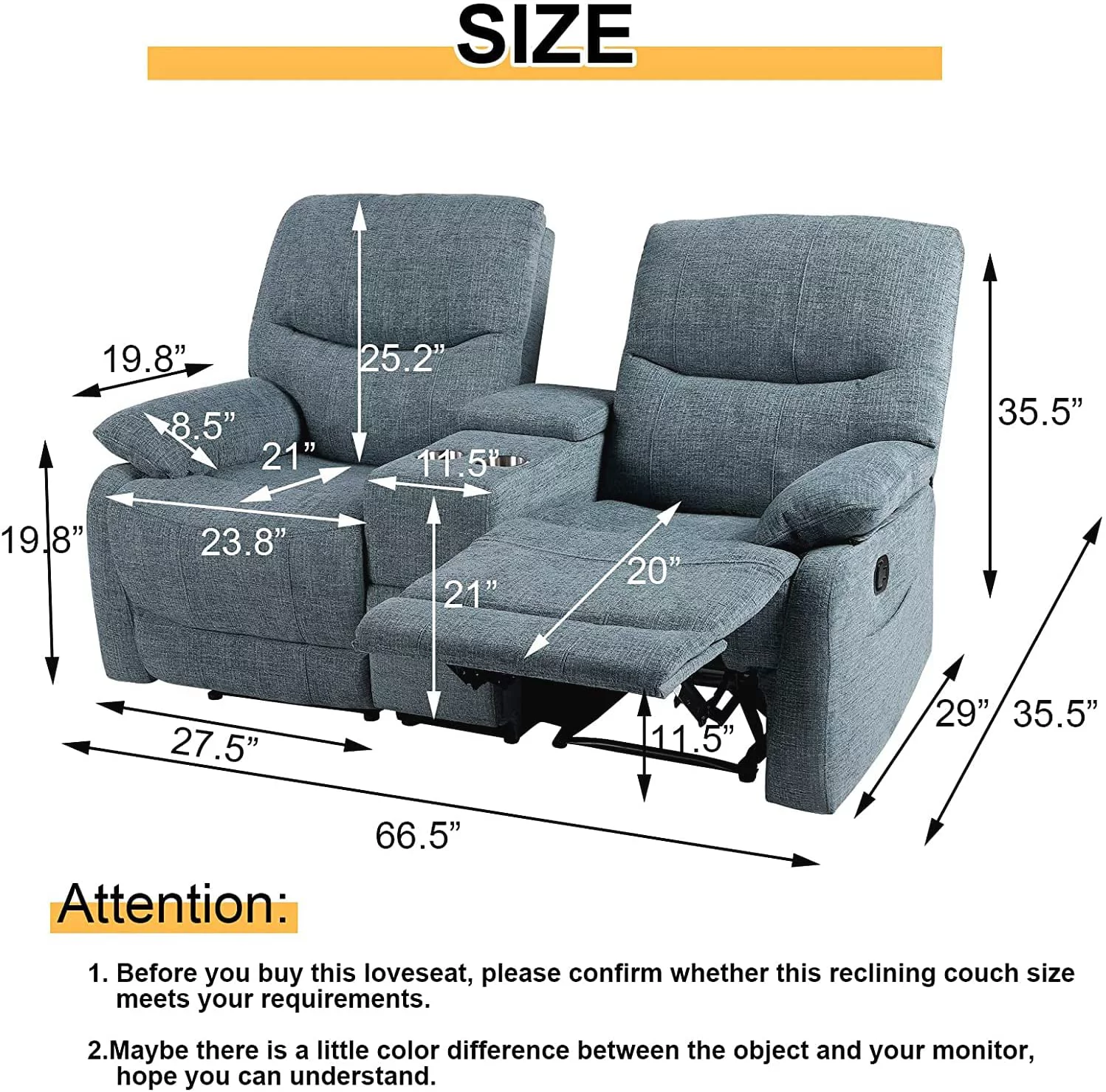 Reclining Sofa, Double Reclining Loveseat with Console, 2 Seater Sofa Home Theater Seating