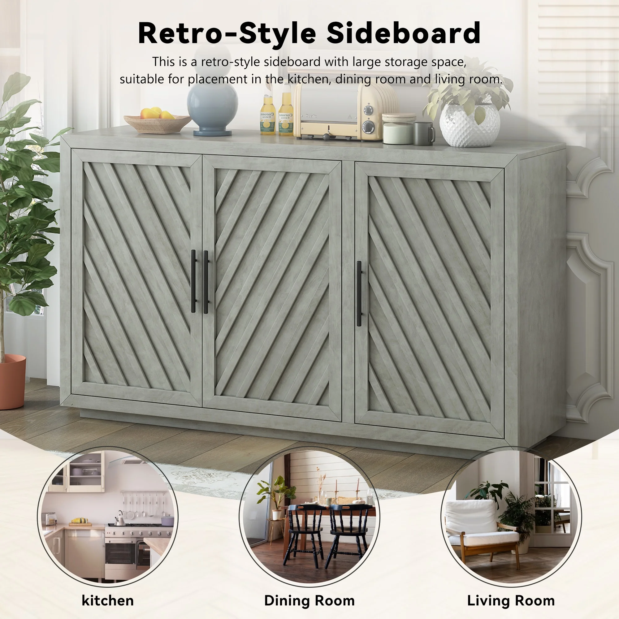 Churanty 3 Doors Large Storage Vintage Sideboard Cabinet, 60'' Retro Sideboard with Adjustable Shelves