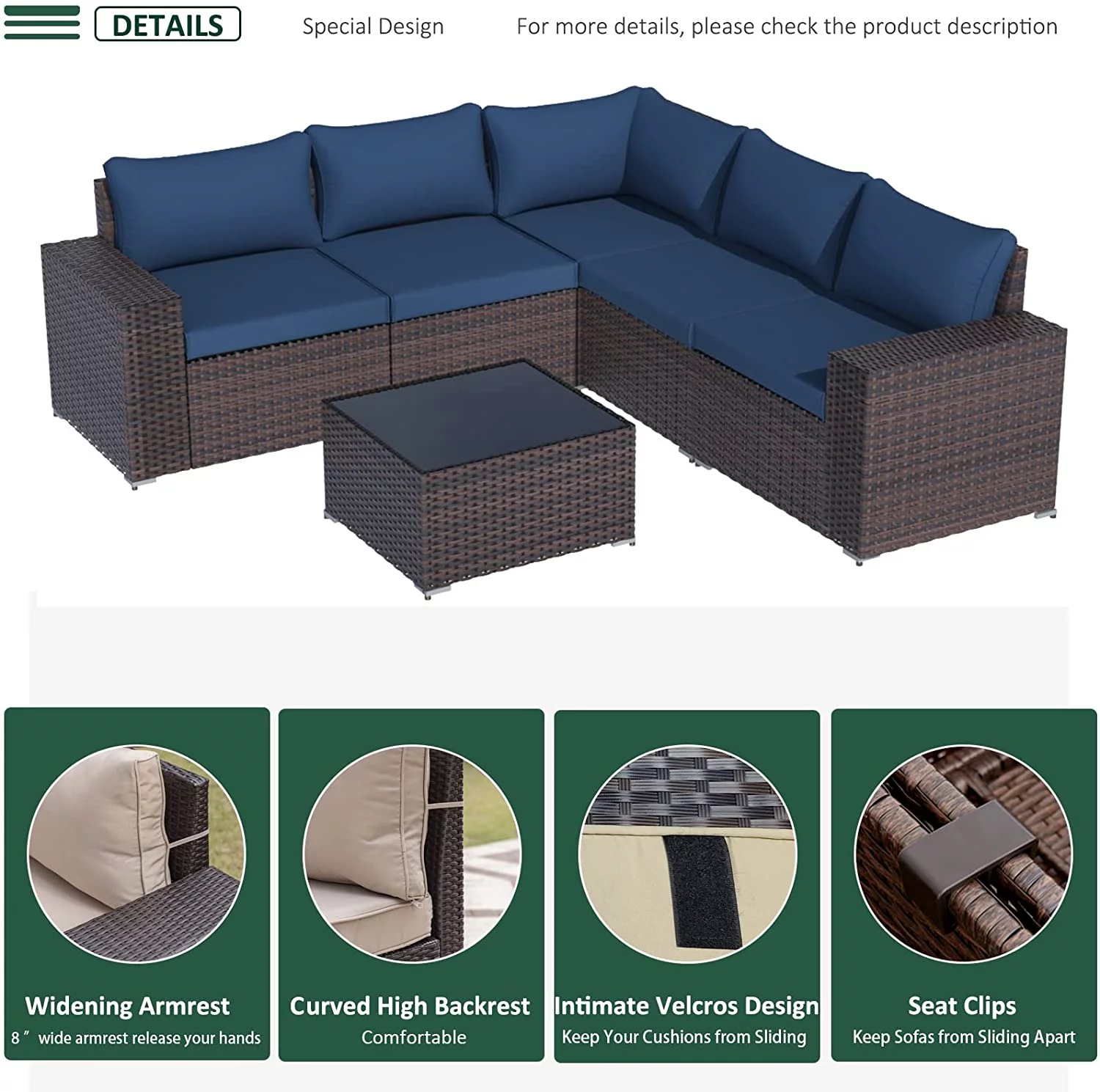 Gotland Outdoor Patio Furniture Set, 6 Pieces Outdoor Furniture All Weather Patio Sectional Sofa PE Wicker Modular Conversation Sets(navy blue)